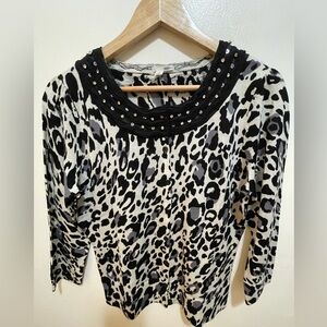Halogen Leopard Print Cardigan with Crystal Embellished Neckline